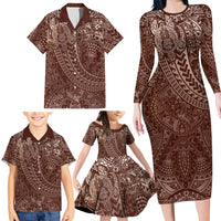 Hawaiian Turtles and Leis Family Matching Long Sleeve Bodycon Dress and Hawaiian Shirt Tribal Kakau Pattern Mocha Mousse Color LT03 - Polynesian Pride