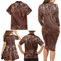 Hawaiian Turtles and Leis Family Matching Long Sleeve Bodycon Dress and Hawaiian Shirt Tribal Kakau Pattern Mocha Mousse Color LT03 - Polynesian Pride