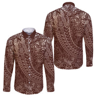 Hawaiian Turtles and Leis Family Matching Long Sleeve Bodycon Dress and Hawaiian Shirt Tribal Kakau Pattern Mocha Mousse Color LT03 Dad's Shirt - Long Sleeve Mocha Mousse - Polynesian Pride