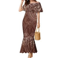 Hawaiian Turtles and Leis Family Matching Mermaid Dress and Hawaiian Shirt Tribal Kakau Pattern Mocha Mousse Color LT03 Mom's Dress Mocha Mousse - Polynesian Pride