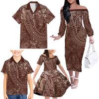 Hawaiian Turtles and Leis Family Matching Off The Shoulder Long Sleeve Dress and Hawaiian Shirt Tribal Kakau Pattern Mocha Mousse Color LT03 - Polynesian Pride