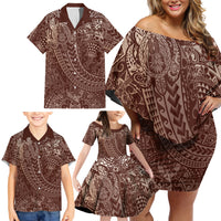 Hawaiian Turtles and Leis Family Matching Off Shoulder Short Dress and Hawaiian Shirt Tribal Kakau Pattern Mocha Mousse Color LT03 - Polynesian Pride