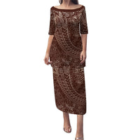 Hawaiian Turtles and Leis Family Matching Puletasi and Hawaiian Shirt Tribal Kakau Pattern Mocha Mousse Color LT03 Mom's Dress Mocha Mousse - Polynesian Pride
