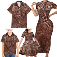 Hawaiian Turtles and Leis Family Matching Short Sleeve Bodycon Dress and Hawaiian Shirt Tribal Kakau Pattern Mocha Mousse Color LT03 - Polynesian Pride