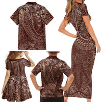Hawaiian Turtles and Leis Family Matching Short Sleeve Bodycon Dress and Hawaiian Shirt Tribal Kakau Pattern Mocha Mousse Color LT03 - Polynesian Pride