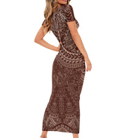 Hawaiian Turtles and Leis Family Matching Short Sleeve Bodycon Dress and Hawaiian Shirt Tribal Kakau Pattern Mocha Mousse Color LT03 - Polynesian Pride