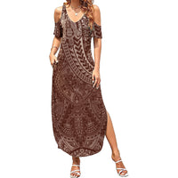 Hawaiian Turtles and Leis Family Matching Summer Maxi Dress and Hawaiian Shirt Tribal Kakau Pattern Mocha Mousse Color LT03 Mom's Dress Mocha Mousse - Polynesian Pride