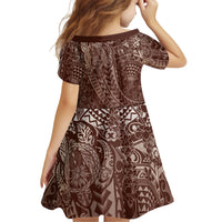 Hawaiian Turtles and Leis Kid Short Sleeve Dress Tribal Kakau Pattern Mocha Mousse Color LT03 - Polynesian Pride
