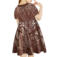 Hawaiian Turtles and Leis Kid Short Sleeve Dress Tribal Kakau Pattern Mocha Mousse Color LT03 - Polynesian Pride