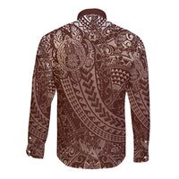 Hawaiian Turtles and Leis Long Sleeve Button Shirt Tribal Kakau Pattern Mocha Mousse Color LT03 - Polynesian Pride