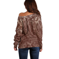 Hawaiian Turtles and Leis Off Shoulder Sweater Tribal Kakau Pattern Mocha Mousse Color LT03 - Polynesian Pride