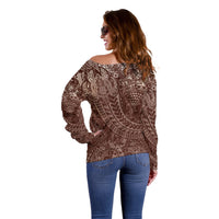 Hawaiian Turtles and Leis Off Shoulder Sweater Tribal Kakau Pattern Mocha Mousse Color LT03 - Polynesian Pride