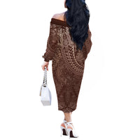 Hawaiian Turtles and Leis Off The Shoulder Long Sleeve Dress Tribal Kakau Pattern Mocha Mousse Color LT03 - Polynesian Pride