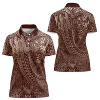 Hawaiian Turtles and Leis Women Polo Shirt Tribal Kakau Pattern Mocha Mousse Color LT03 - Polynesian Pride