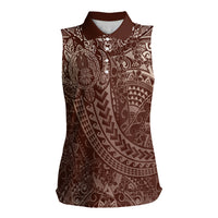 Hawaiian Turtles and Leis Women Sleeveless Polo Shirt Tribal Kakau Pattern Mocha Mousse Color LT03 Female Mocha Mousse - Polynesian Pride