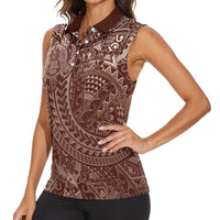 Hawaiian Turtles and Leis Women Sleeveless Polo Shirt Tribal Kakau Pattern Mocha Mousse Color LT03 - Polynesian Pride
