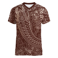 Hawaiian Turtles and Leis Women V-Neck T-Shirt Tribal Kakau Pattern Mocha Mousse Color LT03 Female Mocha Mousse - Polynesian Pride