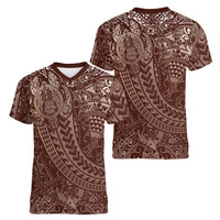 Hawaiian Turtles and Leis Women V-Neck T-Shirt Tribal Kakau Pattern Mocha Mousse Color LT03 - Polynesian Pride