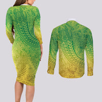 Hawaiian Turtles and Leis Couples Matching Long Sleeve Bodycon Dress and Long Sleeve Button Shirt Tribal Kakau Pattern Fresh Summer Vibe LT03 - Polynesian Pride