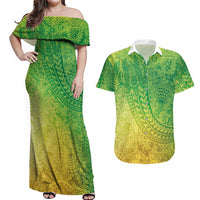 Hawaiian Turtles and Leis Couples Matching Off Shoulder Maxi Dress and Hawaiian Shirt Tribal Kakau Pattern Fresh Summer Vibe LT03 Green - Polynesian Pride