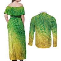 Hawaiian Turtles and Leis Couples Matching Off Shoulder Maxi Dress and Long Sleeve Button Shirt Tribal Kakau Pattern Fresh Summer Vibe LT03 - Polynesian Pride