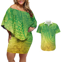 Hawaiian Turtles and Leis Couples Matching Off Shoulder Short Dress and Hawaiian Shirt Tribal Kakau Pattern Fresh Summer Vibe LT03 Green - Polynesian Pride