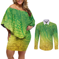 Hawaiian Turtles and Leis Couples Matching Off Shoulder Short Dress and Long Sleeve Button Shirt Tribal Kakau Pattern Fresh Summer Vibe LT03 Green - Polynesian Pride