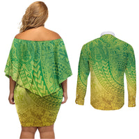 Hawaiian Turtles and Leis Couples Matching Off Shoulder Short Dress and Long Sleeve Button Shirt Tribal Kakau Pattern Fresh Summer Vibe LT03 - Polynesian Pride