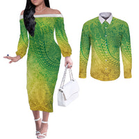 Hawaiian Turtles and Leis Couples Matching Off The Shoulder Long Sleeve Dress and Long Sleeve Button Shirt Tribal Kakau Pattern Fresh Summer Vibe LT03 Green - Polynesian Pride