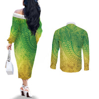 Hawaiian Turtles and Leis Couples Matching Off The Shoulder Long Sleeve Dress and Long Sleeve Button Shirt Tribal Kakau Pattern Fresh Summer Vibe LT03 - Polynesian Pride