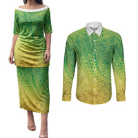 Hawaiian Turtles and Leis Couples Matching Puletasi and Long Sleeve Button Shirt Tribal Kakau Pattern Fresh Summer Vibe LT03 Green - Polynesian Pride