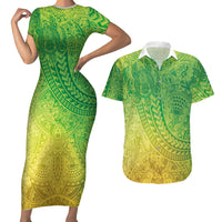 Hawaiian Turtles and Leis Couples Matching Short Sleeve Bodycon Dress and Hawaiian Shirt Tribal Kakau Pattern Fresh Summer Vibe LT03 Green - Polynesian Pride