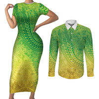 Hawaiian Turtles and Leis Couples Matching Short Sleeve Bodycon Dress and Long Sleeve Button Shirt Tribal Kakau Pattern Fresh Summer Vibe LT03 Green - Polynesian Pride