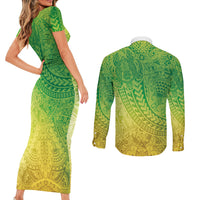 Hawaiian Turtles and Leis Couples Matching Short Sleeve Bodycon Dress and Long Sleeve Button Shirt Tribal Kakau Pattern Fresh Summer Vibe LT03 - Polynesian Pride