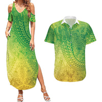 Hawaiian Turtles and Leis Couples Matching Summer Maxi Dress and Hawaiian Shirt Tribal Kakau Pattern Fresh Summer Vibe LT03 Green - Polynesian Pride