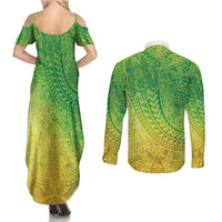 Hawaiian Turtles and Leis Couples Matching Summer Maxi Dress and Long Sleeve Button Shirt Tribal Kakau Pattern Fresh Summer Vibe LT03 - Polynesian Pride