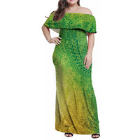 Hawaiian Turtles and Leis Family Matching Off Shoulder Maxi Dress and Hawaiian Shirt Tribal Kakau Pattern Fresh Summer Vibe LT03 Mom's Dress Green - Polynesian Pride