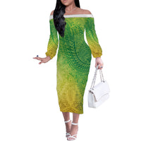 Hawaiian Turtles and Leis Off The Shoulder Long Sleeve Dress Tribal Kakau Pattern Fresh Summer Vibe LT03 Women Green - Polynesian Pride
