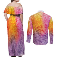 Hawaiian Turtles and Leis Couples Matching Off Shoulder Maxi Dress and Long Sleeve Button Shirt Tribal Kakau Pattern Magical Rainbow Sky LT03 - Polynesian Pride