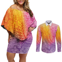 Hawaiian Turtles and Leis Couples Matching Off Shoulder Short Dress and Long Sleeve Button Shirt Tribal Kakau Pattern Magical Rainbow Sky LT03 Multicolor - Polynesian Pride