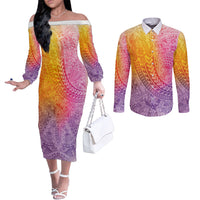 Hawaiian Turtles and Leis Couples Matching Off The Shoulder Long Sleeve Dress and Long Sleeve Button Shirt Tribal Kakau Pattern Magical Rainbow Sky LT03 Multicolor - Polynesian Pride