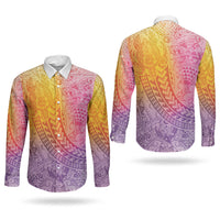 Hawaiian Turtles and Leis Couples Matching Off The Shoulder Long Sleeve Dress and Long Sleeve Button Shirt Tribal Kakau Pattern Magical Rainbow Sky LT03 - Polynesian Pride