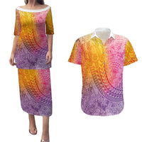 Hawaiian Turtles and Leis Couples Matching Puletasi and Hawaiian Shirt Tribal Kakau Pattern Magical Rainbow Sky LT03 Multicolor - Polynesian Pride