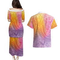 Hawaiian Turtles and Leis Couples Matching Puletasi and Hawaiian Shirt Tribal Kakau Pattern Magical Rainbow Sky LT03 - Polynesian Pride