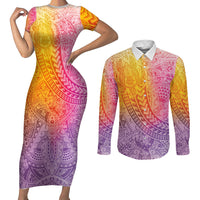 Hawaiian Turtles and Leis Couples Matching Short Sleeve Bodycon Dress and Long Sleeve Button Shirt Tribal Kakau Pattern Magical Rainbow Sky LT03 Multicolor - Polynesian Pride