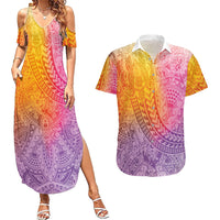 Hawaiian Turtles and Leis Couples Matching Summer Maxi Dress and Hawaiian Shirt Tribal Kakau Pattern Magical Rainbow Sky LT03 Multicolor - Polynesian Pride