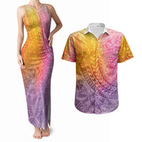 Hawaiian Turtles and Leis Couples Matching Tank Maxi Dress and Hawaiian Shirt Tribal Kakau Pattern Magical Rainbow Sky LT03 Multicolor - Polynesian Pride