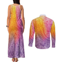 Hawaiian Turtles and Leis Couples Matching Tank Maxi Dress and Long Sleeve Button Shirt Tribal Kakau Pattern Magical Rainbow Sky LT03 - Polynesian Pride