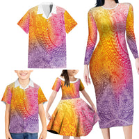 Hawaiian Turtles and Leis Family Matching Long Sleeve Bodycon Dress and Hawaiian Shirt Tribal Kakau Pattern Magical Rainbow Sky LT03 - Polynesian Pride