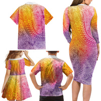 Hawaiian Turtles and Leis Family Matching Long Sleeve Bodycon Dress and Hawaiian Shirt Tribal Kakau Pattern Magical Rainbow Sky LT03 - Polynesian Pride